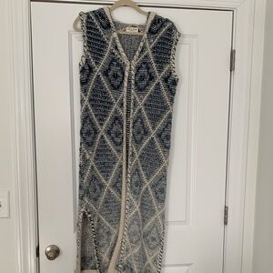 Sage & Flower Clothing Co.  Navy and Cream western boho hooded long sweater L/XL